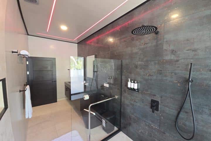 Modern glass-enclosed shower with dark slate walls, a rainfall showerhead, handheld wand, and floating glass shelf with soap dispensers; pink LED ceiling lines reflect off the glass panes.